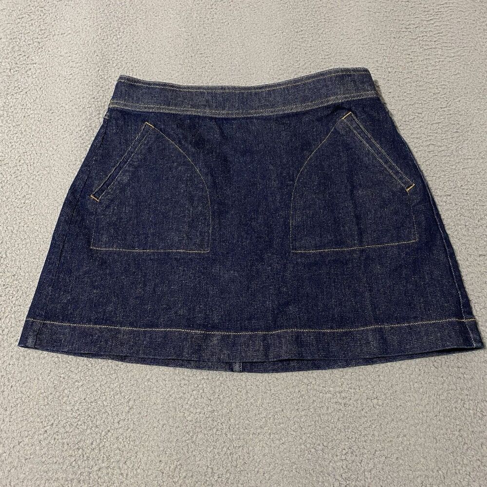 Spanx Denim Skort Skirt Womens Large Blue Dark Wash Lined Mini Pull On Pockets